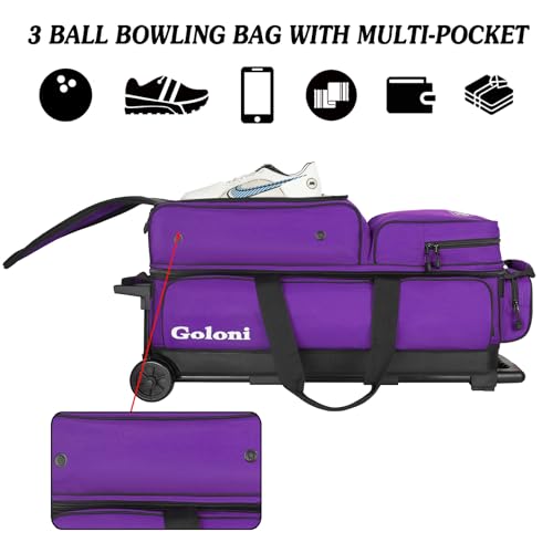 Goloni 3 Ball Bowling Bags with Wheels - Rolling Bowling Bag for 3 Balls & Accessories - Retractable Handle Extends to 38 - color: Purple