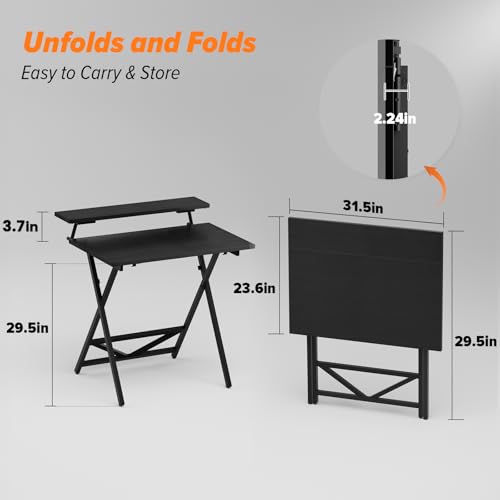 WOHOMO Folding Computer Desk with Adjustable Height, 23.6" x 31.5" x 25.6" Foldable Table with Monitor Stand, Small Office Desk for Bedroom, Space Saving Desk for Home Office, Easy Assemble, Black - color: Black