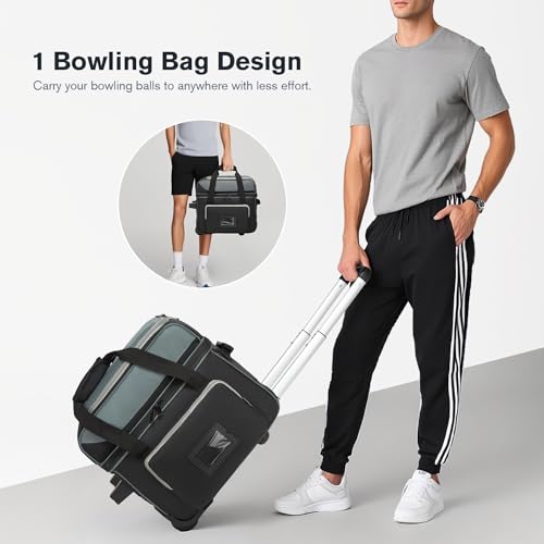 Bowling Ball Bag with Separate Shoe Compartment, Single Roller Bowling Bag with Wheels and Retractable Handle Extends to 37.0 Inches, Padded Foam Ball Insert, Gray (1 Ball Bowling)