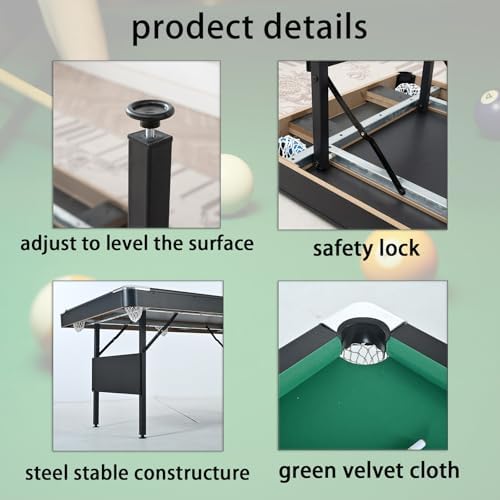 6 ft Foldable Pool Table with Steel Frame, Stable Billiard Tables with Safety Anti Collapse Locks, Heavy Duty Billiard Game Includes Full Set of Balls, 2 Cue Sticks, Chalk and Felt Brush