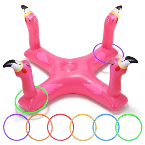 Pool Games & Toys, Inflatable Flamingo & Shark Ring Toss - Floating Water Game Set for Kids Ages 4-8 8-12, Adults and Family - Summer Swimming Pool Party Decorations