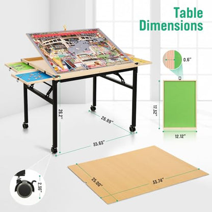 Puzzle Table with Drawers and Folding Metal Legs, 1500 Pieces Portable Puzzle Board with Cover, No Assembly Required, 3 Adjustable Tilting Angles, Easy to Move, Birthday Gift for Mom Seniors