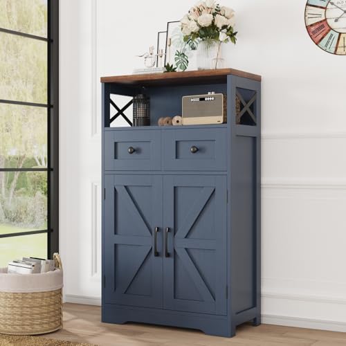 Befrases Farmhouse Blue Storage Cabinet with Barn Doors and Drawers, Small Freestanding Kitchen Pantry Cabinet, Hutch Cupboard for Kitchen, Laundry, Living Room,Bathroom - color: Blue, size: 1 Pack