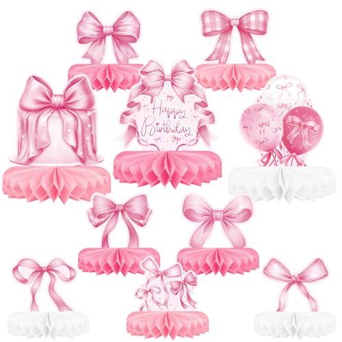 Pink Bow Birthday Decorations Set - Bow Party Decorations with Honeycomb Centerpieces & Table Centerpieces for Splendid Pink Bow Themed Party Supplies - style: pink bow