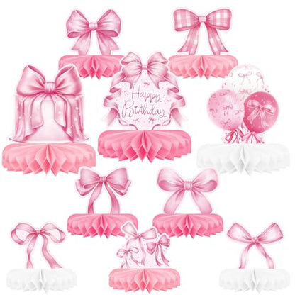 Pink Bow Birthday Decorations Set - Bow Party Decorations with Honeycomb Centerpieces & Table Centerpieces for Splendid Pink Bow Themed Party Supplies - style: pink bow