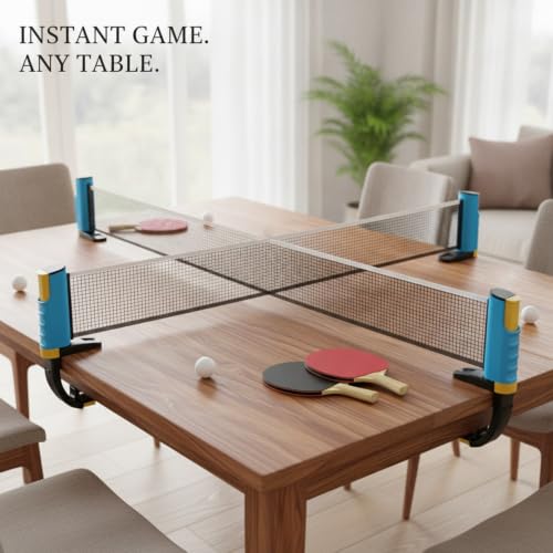 Retractable Table Tennis Net and Post Set, Clip-On Portable Ping Pong Net for Flat Surfaces, ABS Plastic - color: Blue