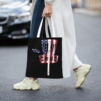 NIENIE Usa Flag Disc Golf Tote Bag for Women Shopping Bags Reusable Large Capacity Casual Shoulder Handbags DIY Gift Bags Cute Canvas Tote Bag