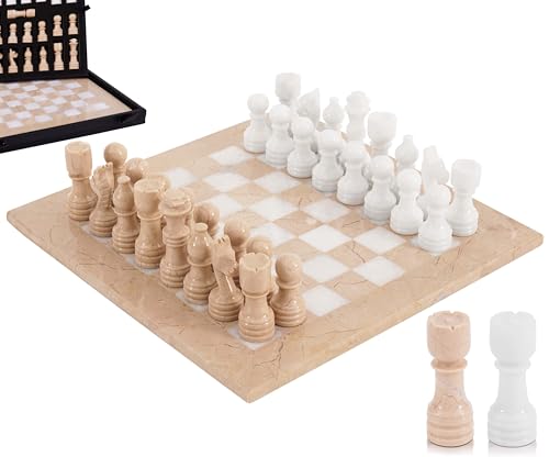 Marble Chess Set 12" Inches Verona and White with Storage Box and 2 Extra Queen Handmade Luxury Board Games for Adults, Ideal Chess Board Game & Marble Chess Set for Adults - color: Verona & White