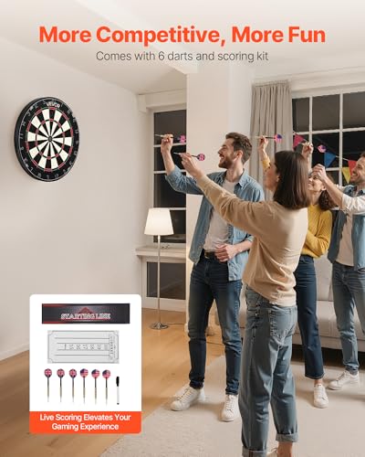 VEVOR Dartboard with 6 Darts & Scoring Kit, Self-Healing Sisal Fibers Dartboard with Staple-Free Bullseye & Rotating Number Ring, 17.7" Professional Steel Tip Dart Board Set for Home Party Game Rooms