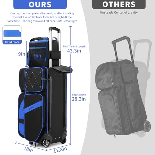 BOSSTIN 3-4 Ball Bowling Bags with Wheels, Secure Hook & Loop Fixed Ball Cup & Shoe Compartment (Fits Up to Size 16), Roller with Multi-Pockets