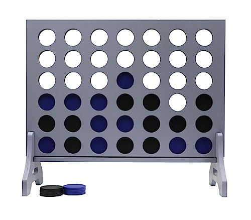 Giant 4 in a Row Game for Family & Adults – Tailgating Pros Jumbo Grey Wooden Four in a Row Indoor & Outdoor Yard Game for Family Party Fun, Portable Activities for Patio, Backyard, and Camping - color: Blue / Black