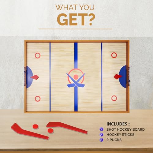 Point Games Tabletop Slap Shot Hockey Game - Super Durable Large Wooden Board With 2 Sticks and Pucks - Great Family Game for Ages 5+