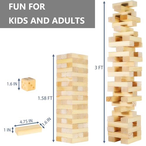 Megwoz Medium Tumble Tower Games for Kids and Adults 57 Blocks New Zealand Pine Wooden Blocks Stacking to 3FT Family Game for Indoors Outdoors Yard Games for Family - size: M-Up to 3FT