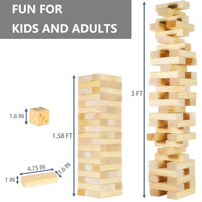 Megwoz Medium Tumble Tower Games for Kids and Adults 57 Blocks New Zealand Pine Wooden Blocks Stacking to 3FT Family Game for Indoors Outdoors Yard Games for Family - size: M-Up to 3FT