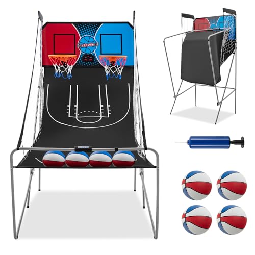 GYMAX Arcade Basketball Game Indoor Foldable with 8 Game Modes, Arcade Sound, 4 Balls and Inflation Pump, Electronic Basketball Games for Home - color: Red+blue
