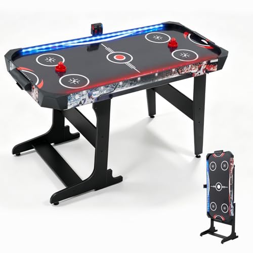 RAYKEEP 57 Inch Foldable Air Hockey Table with LED Lights, Indoor Arcade Game Table w/ 2 Pushers, 2 Pucks, Powerful 12V Motor for Kids & Adults, Home Game Room Office
