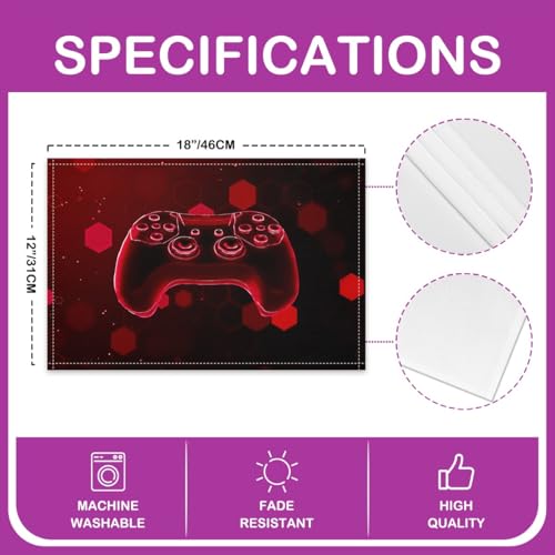Erosebridal Boys Gaming 4 PCS of Placemats 12x18 Joystick Place Mat for Dining Table Lights Modern Neon 3D Spots Non Slip Table Mats Geometric Red Gamer Hexagon - color: Red