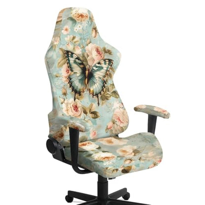 Suobstales Butterfly Flower Pattern Jacquard Gaming Chair Slipcover, Stretch Computer Chair Cover with Armrest Covers Cat Scratch Proof Desk Chair Cover for Office Desk Chair - color: Butterfly Flower