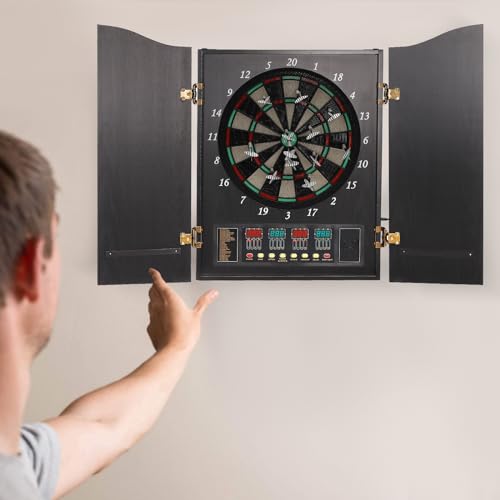 Electronic Dart Board, Electronic Scoreboard Dart Machine Decorative Dartboard Cabinet Set with LED Display, 12 Darts 88 Soft Tips for Family Game Rooms