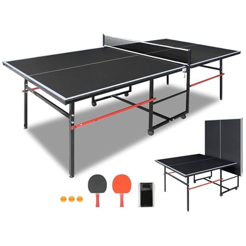 IUNNDS Portable Table Tennis Table 6/8/8.5/9FT Foldable Ping Pong Game Set for Indoor with Net and Post Set, 2 Paddles and 3 Balls - color: Black-8FT