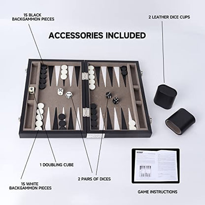 GSE Premium Leather Backgammon Board Game Set, Black&Grey, Small | Premium Leather, Travel Folding Board, Classic Game Set, Leather Case Included - color: Leather-black&grey, size: Small