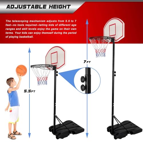 Kids Portable 5.4-7 Ft Height Adjustable Basketball Hoop Stand, 28 Inch Backboard, Basketball Goals Indoor/Outdoor