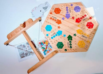 Wooden Wahoo Marble Board Game (20 INCH), Double-Sided, for 2-6 Players, with 24 Marbles and 6 dice. Also Includes Ring Toss, Wooden Hook and Ring Gameand Premium Playing Cards.