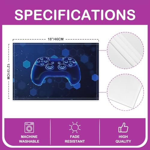 Erosebridal Gamepad 4 PCS of Placemats 12x18 Video Game Place Mat for Dining Table Boys Neon Lights Modern Non Slip Table Mats Dark Blue Geometric 3D - color: Dark Blue