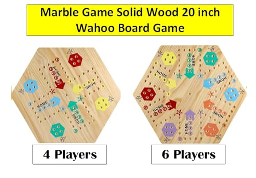 Wooden Wahoo Marble Board Game (20 INCH), Double-Sided, for 2-6 Players, with 24 Marbles and 6 dice. Also Includes Ring Toss, Wooden Hook and Ring Gameand Premium Playing Cards.