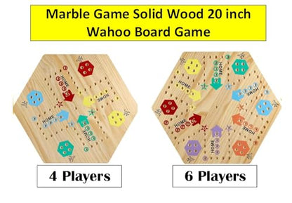 Wooden Wahoo Marble Board Game (20 INCH), Double-Sided, for 2-6 Players, with 24 Marbles and 6 dice. Also Includes Ring Toss, Wooden Hook and Ring Gameand Premium Playing Cards.