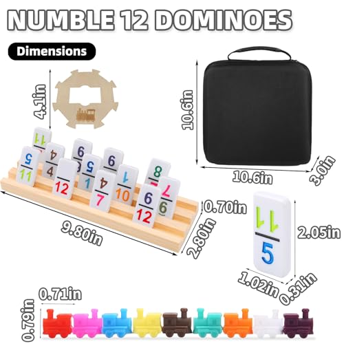 Doreimi Mexican Train Dominoes Set with Numbers and 8 Wooden Holders, Double 12 Dominos Set for Kids, Adults Travel Domino Train with 91 Tiles and Upgrated Hub, Classic Board Games for Family Night - style: Number+8 Racks+Wooden Hub