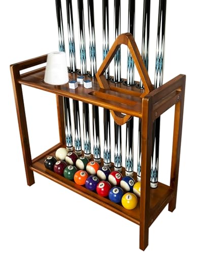 Pool Stick Holder Floor Stand Holds 9 Cues & Pool Table Accessories. Wooden 2-Tier Cue Stick Storage with Ball Rack Hangers, Billiard Cone Chalk Holder or Drink Pads - color: Oak