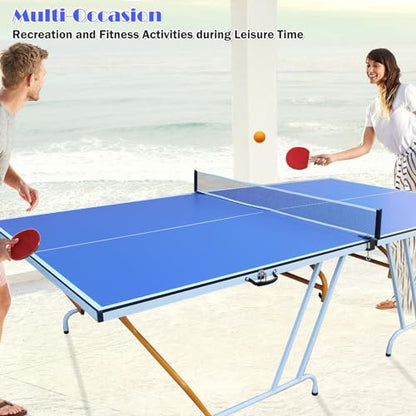 9ft Folding Mid-Size Ping Pong Table Set with Net, 2 Paddles, 3 Balls - Portable Indoor Game Table with Heavy-Duty Aluminum Frame