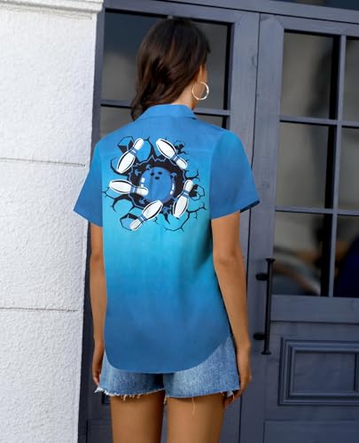 Bowling Shirts Women Hawaiian Bowling Shirt Bowling Lover Gift Tops Bowler Button Down Short Sleeve Tee - color: Blue-k, size: Small