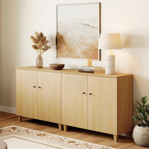 WAMPAT 71" Wide Wood Sideboard Buffet Table with 4 Doors – Large Oak Credenza Storage Cabinet for Dining Room, 2-in-1 Modern Coffee Bar with 6 Compartments for Living Room & Hallway - color: Oak, size: 70.8" W