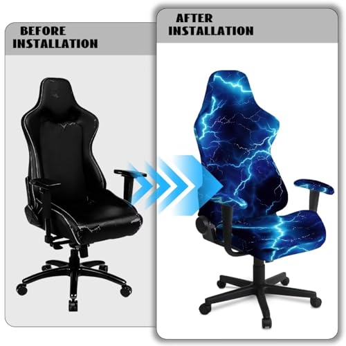 Lightning Print Gaming Chair Slip Cover Set of 4 Scratch Proof Elastic Gamer Chair Cover with 2 Armrest Covers Universal Fit Office Desk & Racing Computer Gamer Chairs - color: Black and Blue - Lightning