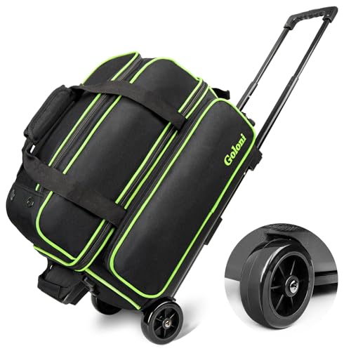Goloni Double Roller 2 Ball Bowling Bag with Separate Shoe Compartment,2 Ball Bowling Bag with Wheels,Retractable Handle Extends to 40" - color: green