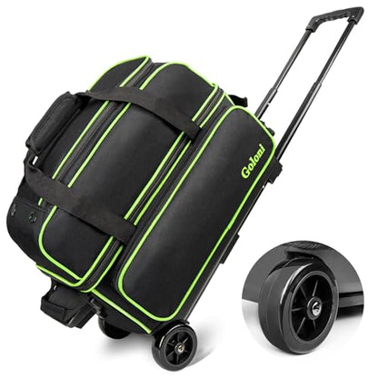 Goloni Double Roller 2 Ball Bowling Bag with Separate Shoe Compartment,2 Ball Bowling Bag with Wheels,Retractable Handle Extends to 40" - color: green
