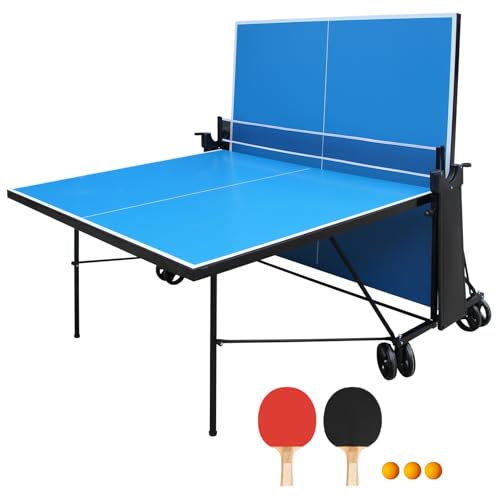 Official Size Foldable Outdoor Table Tennis Table, Portable Ping Pong Table with Net, Paddles, Balls, Competition Grade, Weatherproof Aluminum Plastic Top
