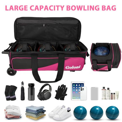 Goloni 3 Ball Bowling Bag with Wheels, Rolling Bowling Roller Bag with Retractable Handle for Balls & Bowling Accessories - color: 4 Ball-Pink