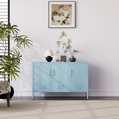 32" Wide 3-Door Lockable Metal Storage Cabinet with Accent Cabinet Locker, Heavy Duty Home Tool Cabinet, 2 Removable Shelves & Easy Assembly, for Home, Office, Entryway and Hallway Blue - color: Ocean, style: Cabinet-32"H-WL