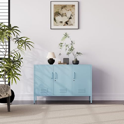 32" Wide 3-Door Lockable Metal Storage Cabinet with Accent Cabinet Locker, Heavy Duty Home Tool Cabinet, 2 Removable Shelves & Easy Assembly, for Home, Office, Entryway and Hallway Blue - color: Ocean, style: Cabinet-32"H-WL