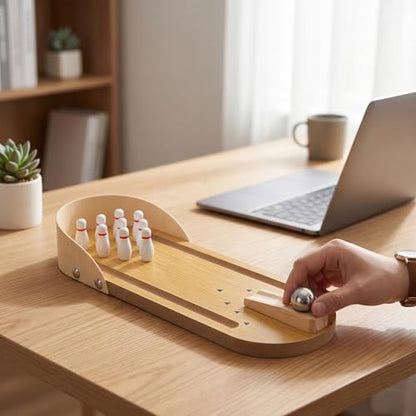 ciciglow Tabletop Mini Bowling Game Set Compact Design Wooden Decompression Gadget for Office Desk Adults Teens Kids 30x10cm
