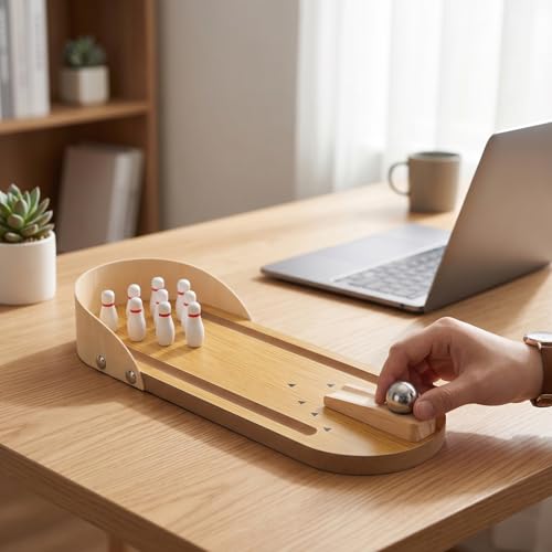 Tabletop Mini Bowling Game Set, Wooden Board Mini Desktop Funny Game Finger Ball Games for MenWomen Kids Teens Boys
