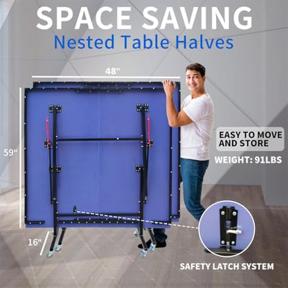 8FT Mid-Size Table Tennis Table Foldable & Portable Ping Pong Table Set, 8 Pulleys, for Indoor Games with Net, 2 Table Tennis Paddles and 3 Balls
