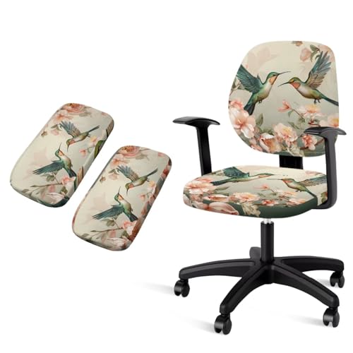 Hummingbird Computer Chair Cover Flower Desk Chair Arm Pads 4-Pc Set Pet Friendly Easy to Clean Desk Chairs Covers Slipcovers for Office and Rotating Chairs - color: Hummingbird Flower