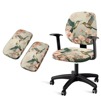 Hummingbird Computer Chair Cover Flower Desk Chair Arm Pads 4-Pc Set Pet Friendly Easy to Clean Desk Chairs Covers Slipcovers for Office and Rotating Chairs - color: Hummingbird Flower