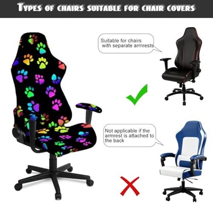Colorful Paw Print Gaming Chair Cover with Armrest Covers Cat Proof Soft Stretchable Gaming Chair Slipcover Non Slip Washable Computer Chairs Seat Slipcovers Fits Most Office/PC Chairs 4 PCS - color: Colorful Paw Print