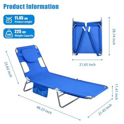 daystar SunnyFeel Beach Lounge Chair, Backpack Reclining Beach Chairs Lay Flat, Face Down Tanning Chair, Folding Camping Chairs Portable Camp Cot with Backpack Straps for Outdoor/Picnic/Lawn - color: Sea Blue