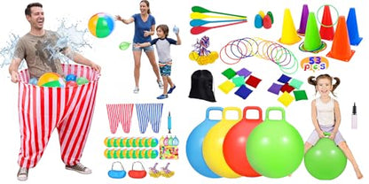 Granny Pants Yard Game Giant Pants Outdoor Game, 53PCS Carnival Games Combo Set, Hopper Balls for Kids, Ring Toss, Bean Bags, Easter Games Egg Spoon Relay Race, Backyard Field Day Birthday Party Game
